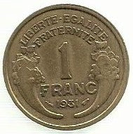 França - 1 Franco 1931 (Km# 885)