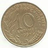 França - 10 Centimos 1991 (Km# 929)