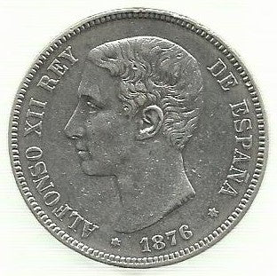 Espanha - 5 Pesetas 1876 (Km# 671) Alfonso XII