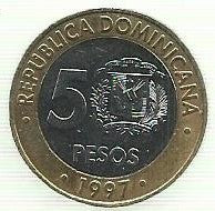 Rep. Dominicana - 5 Pesos 1997 (Km# 88) 50º Anivº Banco Central