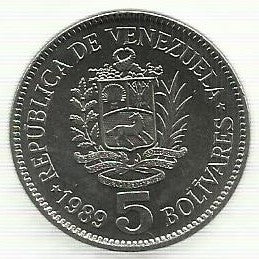 Venezuela - 5 Bolivares 1989 (Km# 53a)