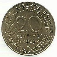 França - 20 Centimos 1989 (Km# 930)