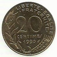 França - 20 Centimos 1990 (Km# 930)