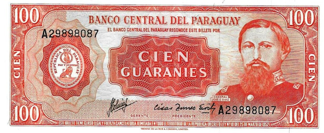 Paraguai - 100 Guaranies 1952 (# 199b)