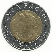 Italia - 500 Liras 1994 (Km# 167) Luca Pacioli