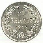 Finlandia - 50 Pennia 1916 (S) (Km# 2.2)