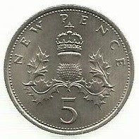 Inglaterra - 5 New Pence 1970 (Km# 911)