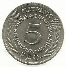 Jugoslavia - 5 Dinares 1970 (Km# 56) Fao