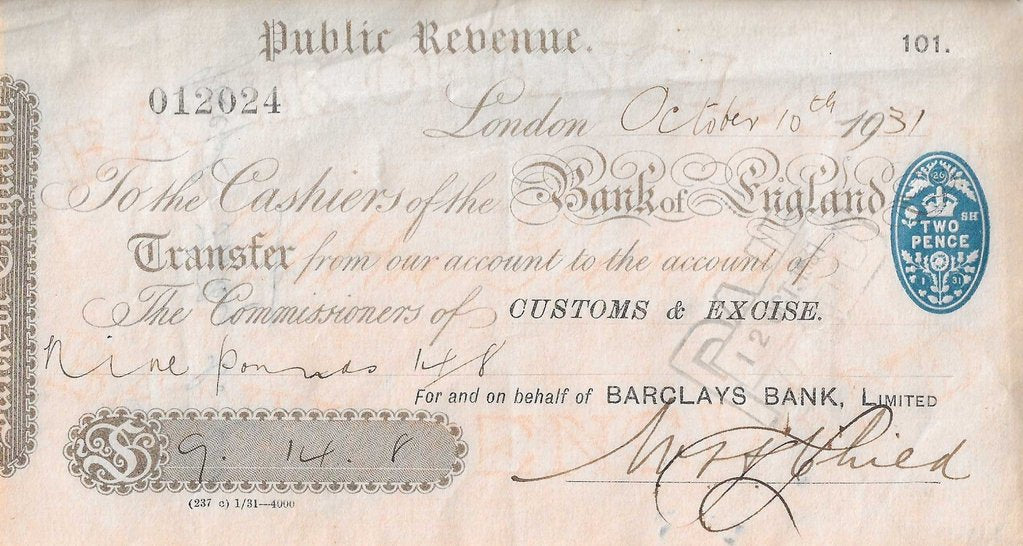 Banco Inglaterra - Cheque 1931