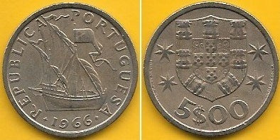 Portugal - 5$00 1966 (Km# 591)