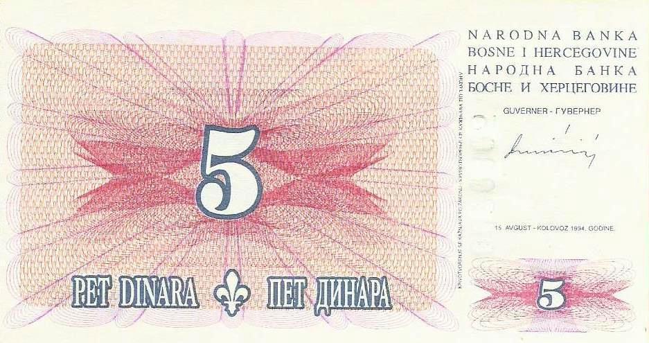 Bosnia Herzegovina - 5 Dinara 1994 (# 40a)