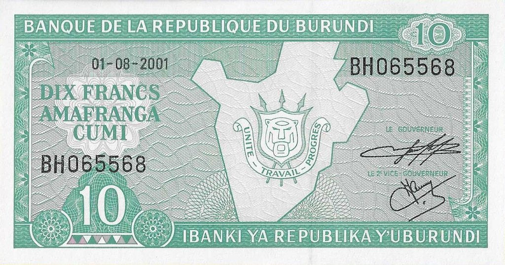 Burundi - 10 Francos 2001 (# 33d)