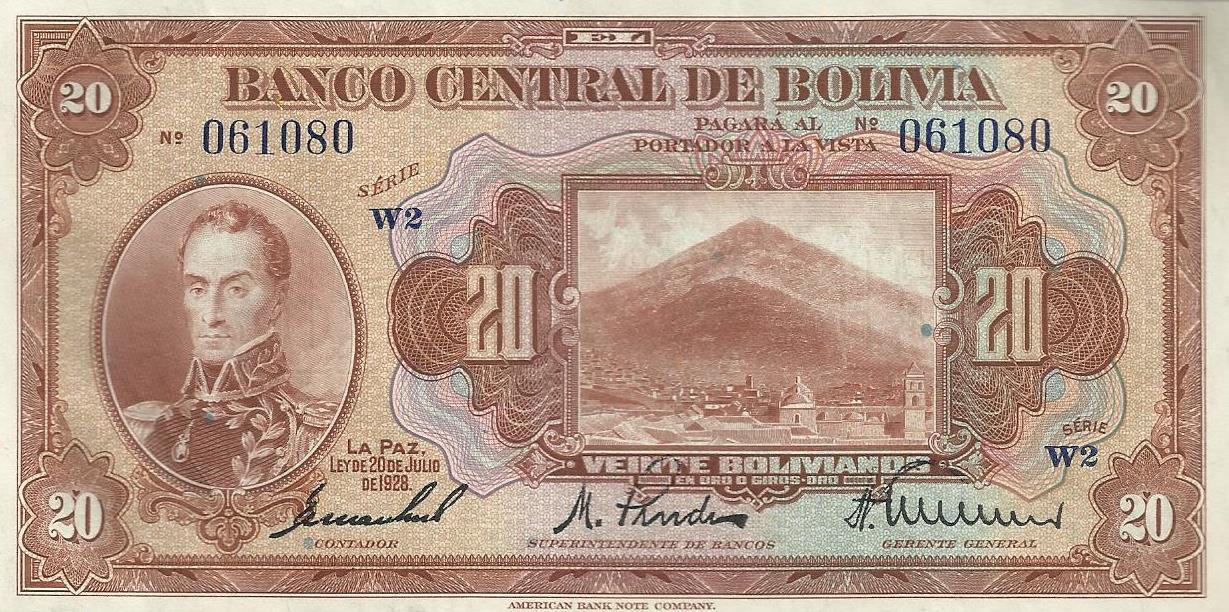 Bolivia - 20 Bolivianos 1928 (# 122a)